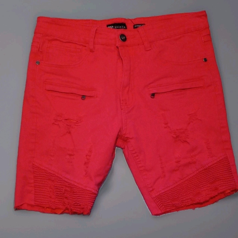 WAIMEA Skinny Fit Acid Red Jean Shorts Raw Hem Sz 34 Streetwear Distressed